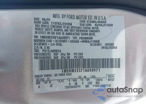 2001 Mercury Sable Ls Premium from USA, damaged, VIN 1MEHM55S71A650971